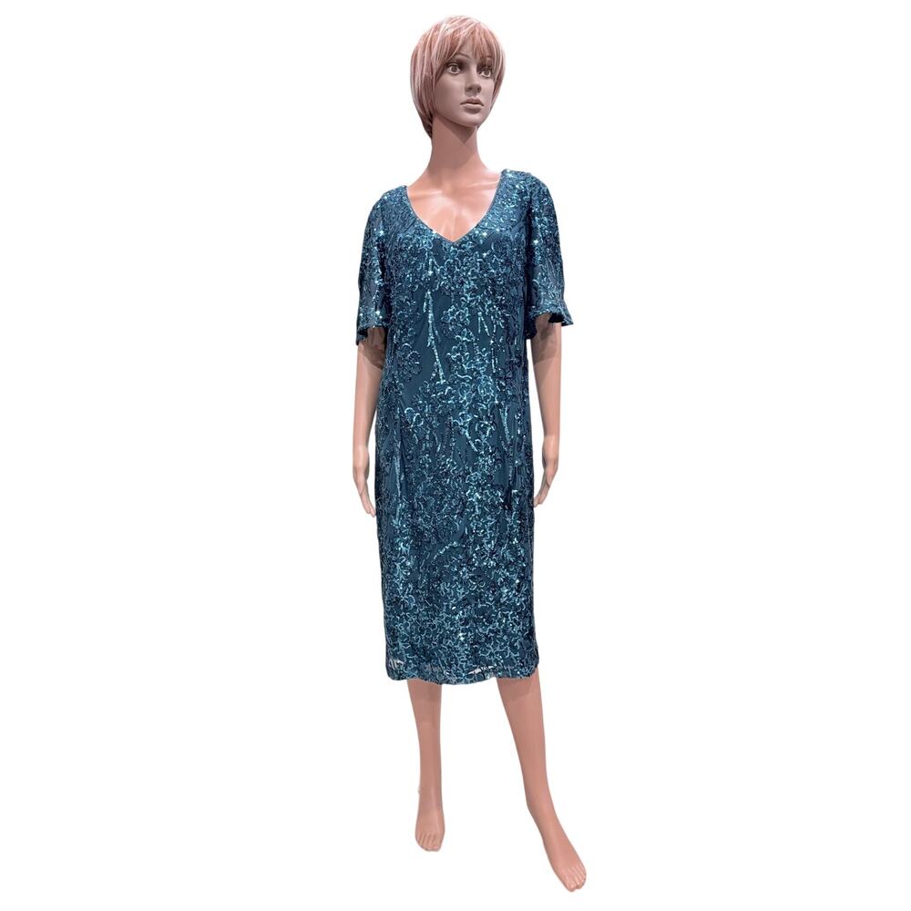 Alex Evenings 18W Teal Sequin Lace Cocktail Dress